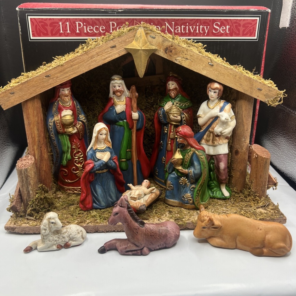 East West Distributing 11 Piece Porcelain Nativity Set Wood Manger Creche Box